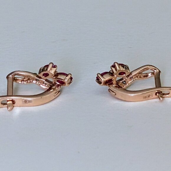 Russian Russia Solid 14K Rose Pink Gold Ruby Diamond Cluster Pierced Earrings - Picture 13 of 15